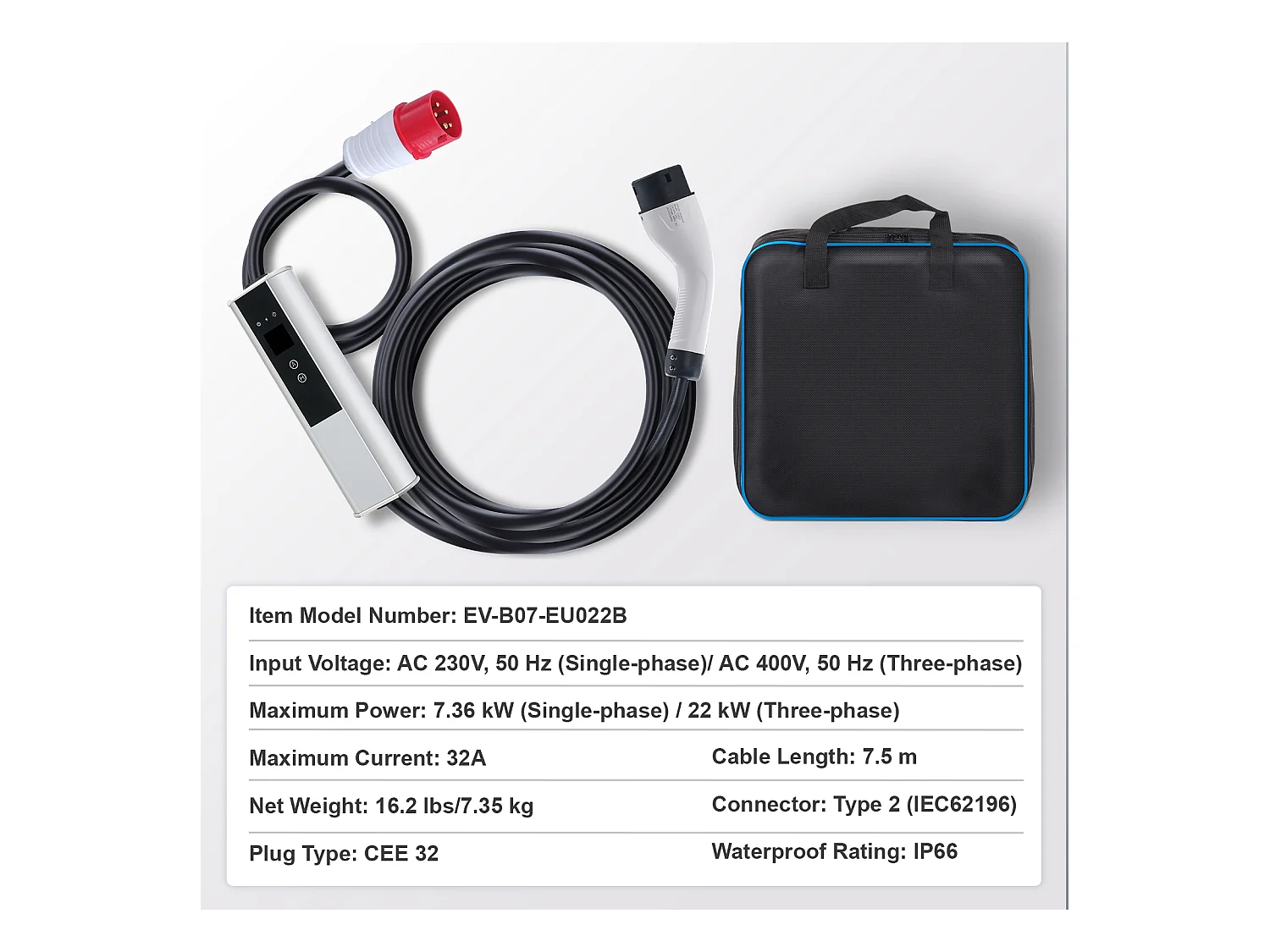 Chargeur EV Portable SucceBuy, Type 2, Câble de Charge 32 A, 230 V/400 V, Monophasé 22 kW Triphasé, Câble de Charge 7,5 m