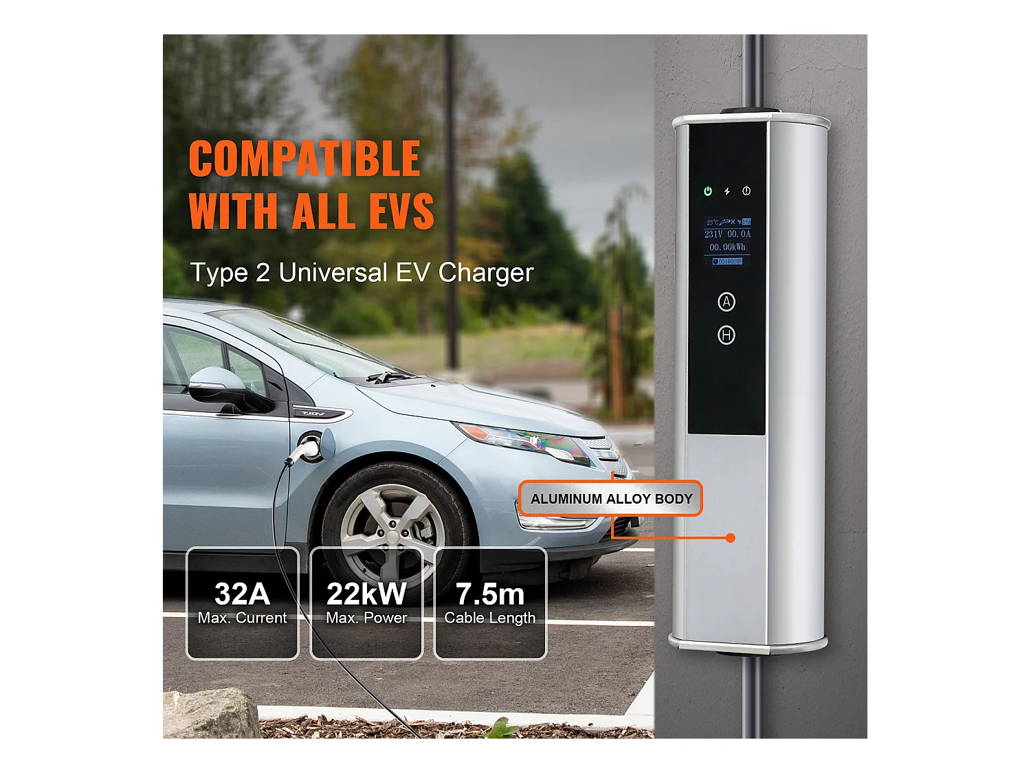 Chargeur EV Portable SucceBuy, Type 2, Câble de Charge 32 A, 230 V/400 V, Monophasé 22 kW Triphasé, Câble de Charge 7,5 m