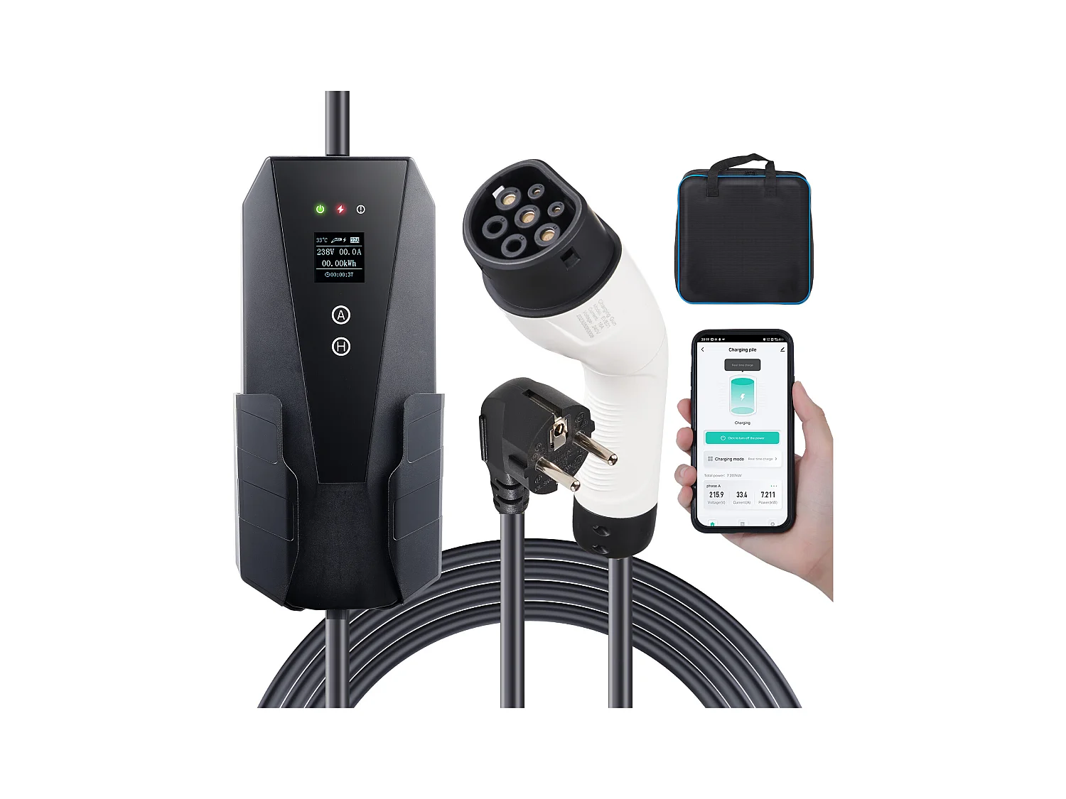 Chargeur Portable EV SucceBuy, Type 2, Prise CEE 7/7, 16A, 3,7 kW, avec Sac de Rangement et Crochet de Câble de Charge