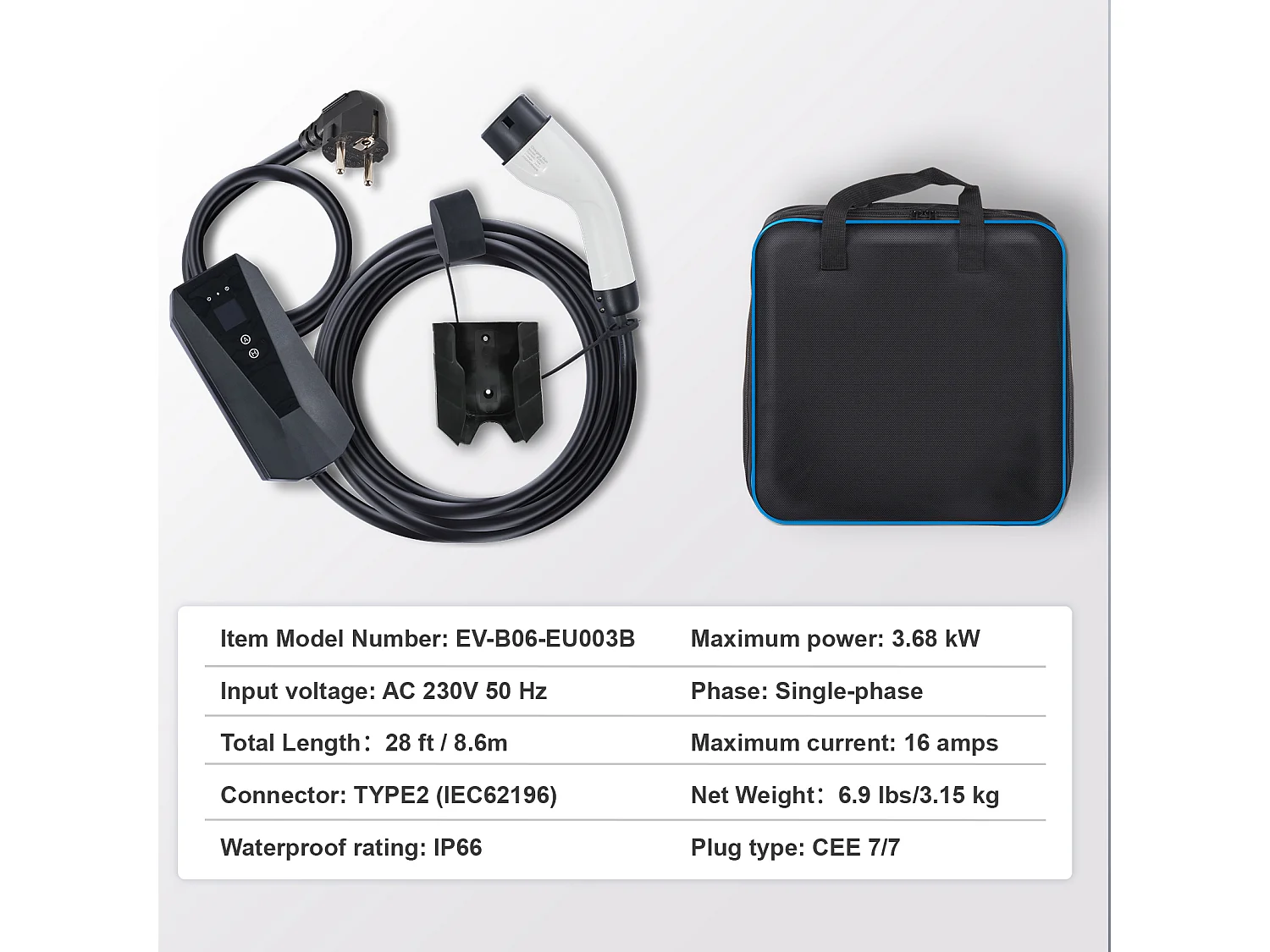 Chargeur Portable EV SucceBuy, Type 2, Prise CEE 7/7, 16A, 3,7 kW, avec Sac de Rangement et Crochet de Câble de Charge