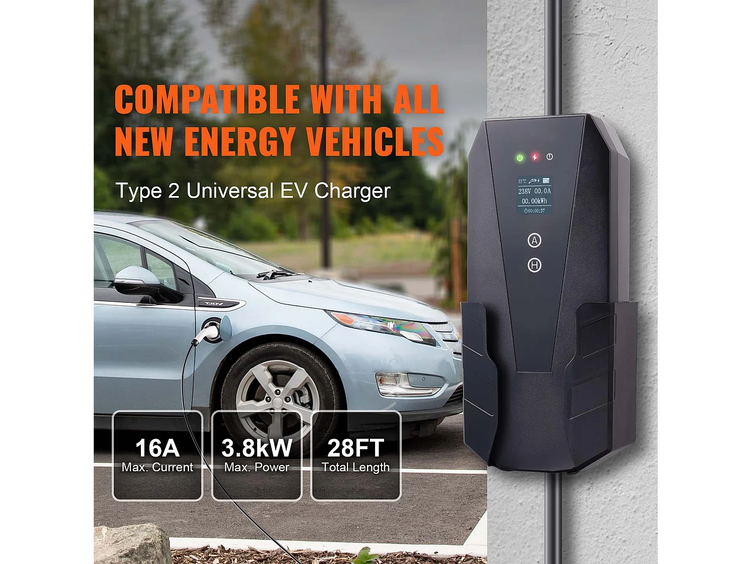 Chargeur Portable EV SucceBuy, Type 2, Prise CEE 7/7, 16A, 3,7 kW, avec Sac de Rangement et Crochet de Câble de Charge