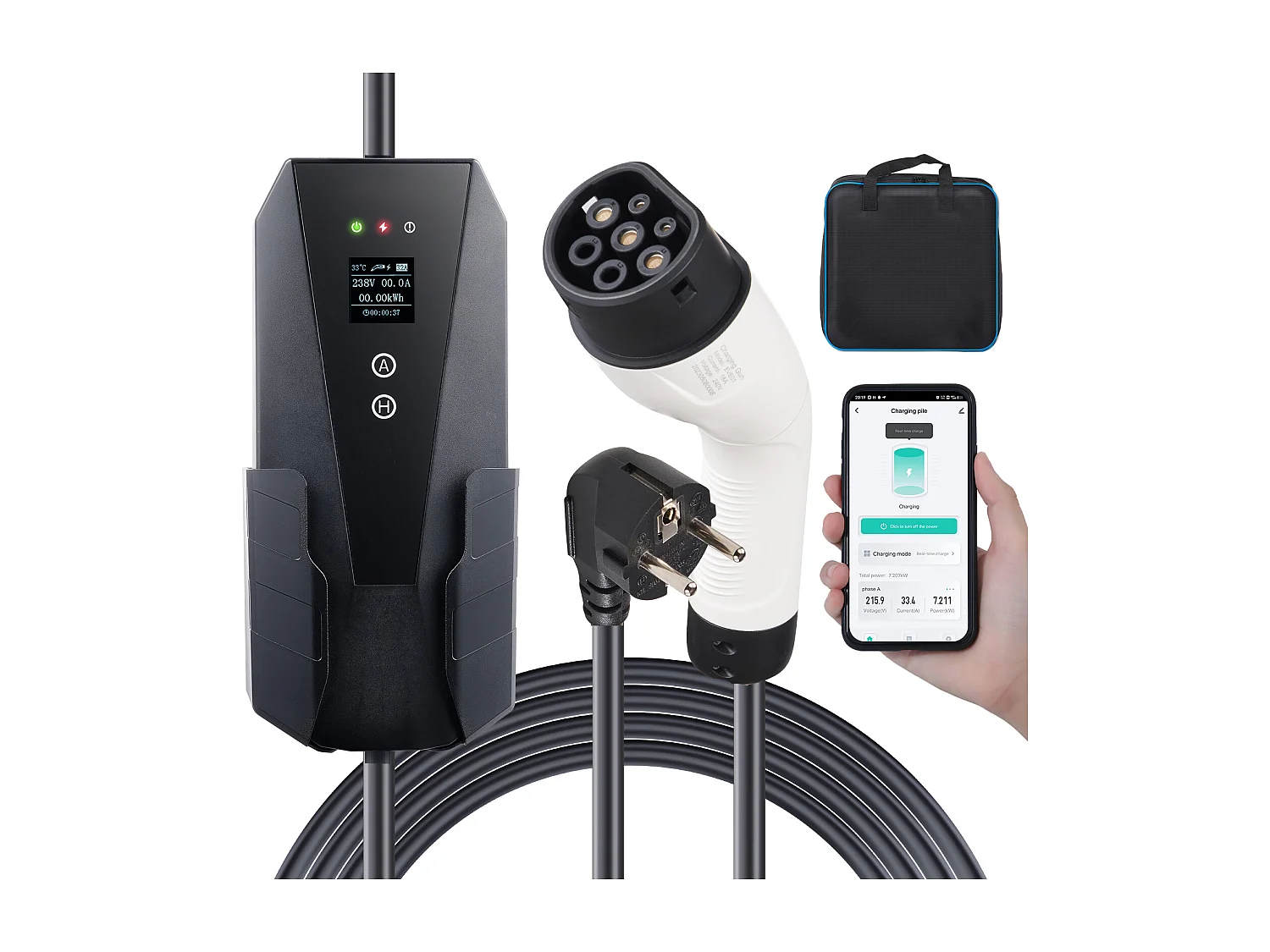 Chargeur Portable EV SucceBuy, Type 2, Prise CEE 7/7, 16A, 3,7 kW, avec Sac de Rangement et Crochet de Câble de Charge