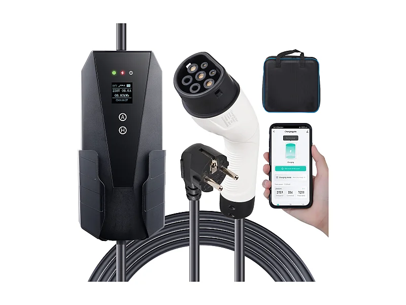 Portabler EV-Ladegerät SucceBuy, Typ 2, Steckdose CEE 7/7, 16A, 3,7 kW, mit Aufbewahrungsbeutel und Kabelhaken zum Aufladen