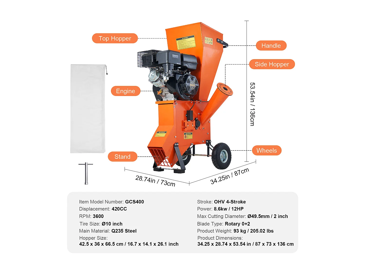 Trituradora de Madera a Gasolina SucceBuy de 12 HP, Motor de 6,7", 420 CC y 8,6 KW