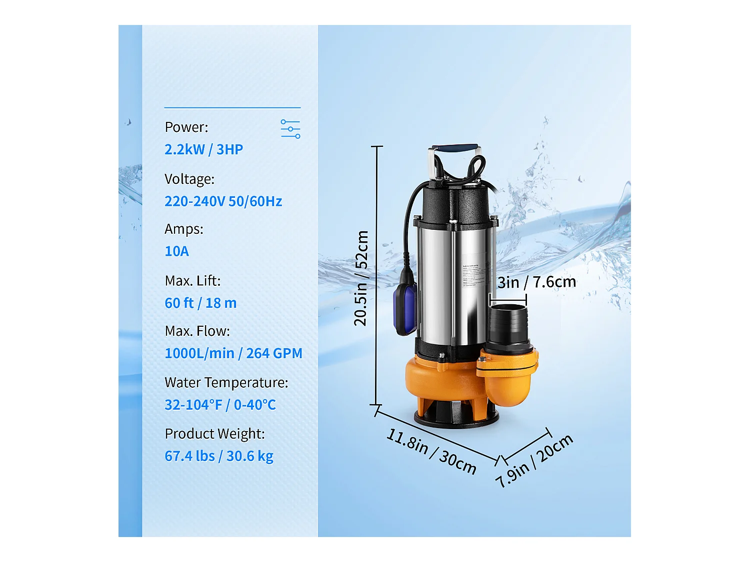 Pompe à Eau SucceBuy Submersible 2200W SucceBuy, pour Les Eaux Sales, Les Inondations, Les Piscines, Les Étangs de Jardin