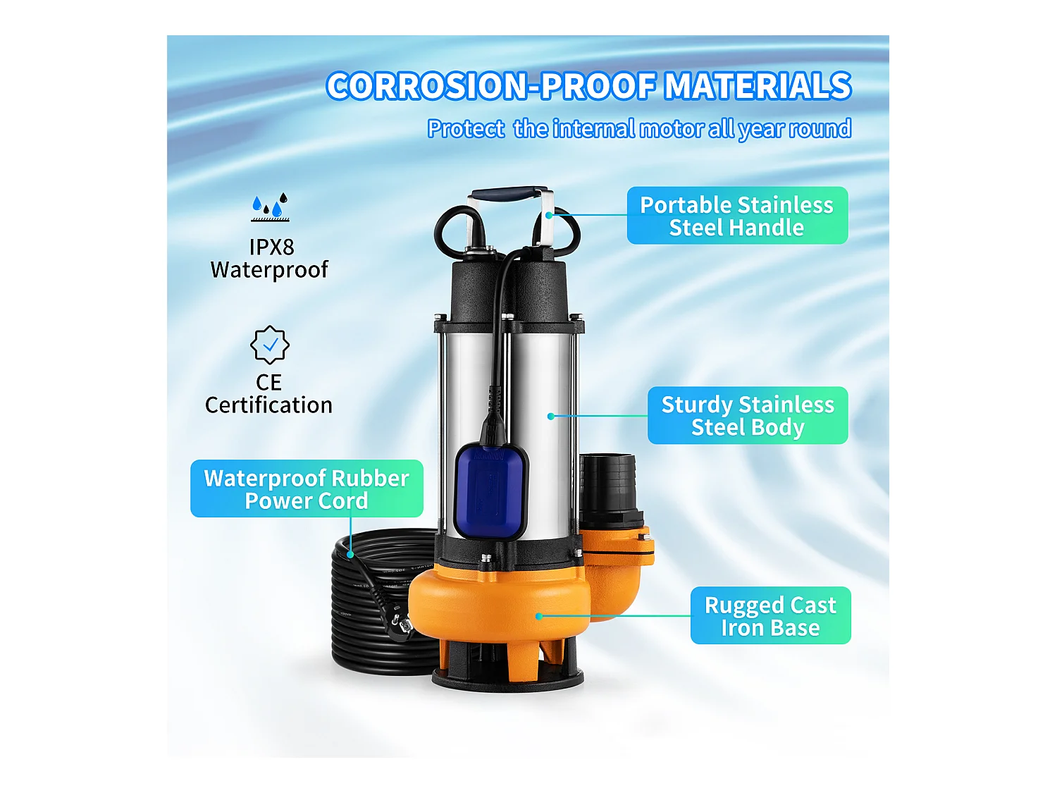 Pompe à Eau SucceBuy Submersible 2200W SucceBuy, pour Les Eaux Sales, Les Inondations, Les Piscines, Les Étangs de Jardin