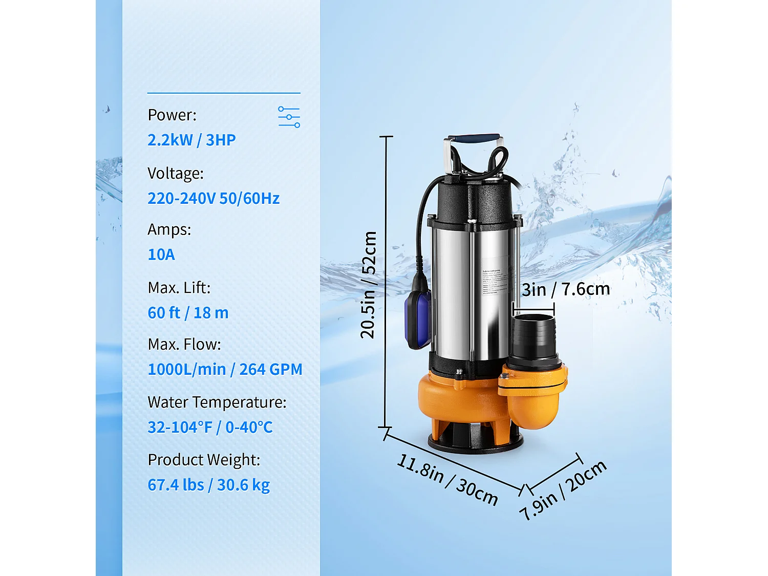 Pompe à Eau SucceBuy Submersible 2200W SucceBuy, pour Les Eaux Sales, Les Inondations, Les Piscines, Les Étangs de Jardin