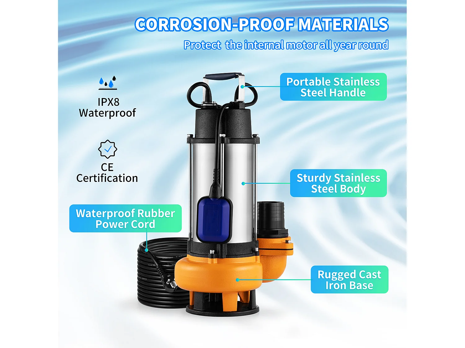 Pompe à Eau SucceBuy Submersible 2200W SucceBuy, pour Les Eaux Sales, Les Inondations, Les Piscines, Les Étangs de Jardin