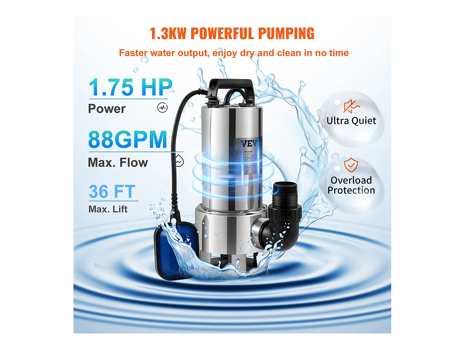 Pompe à Eau SucceBuy Submersible 1300W pour Eau Sale, Piscine, Étang de Jardin, Inondation