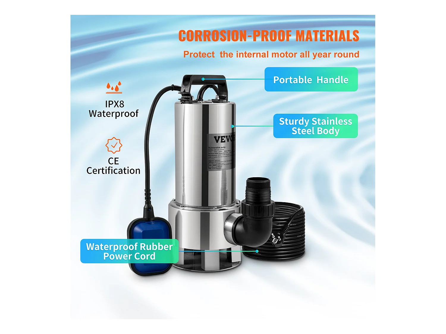 Pompe à Eau SucceBuy Submersible 1300W pour Eau Sale, Piscine, Étang de Jardin, Inondation