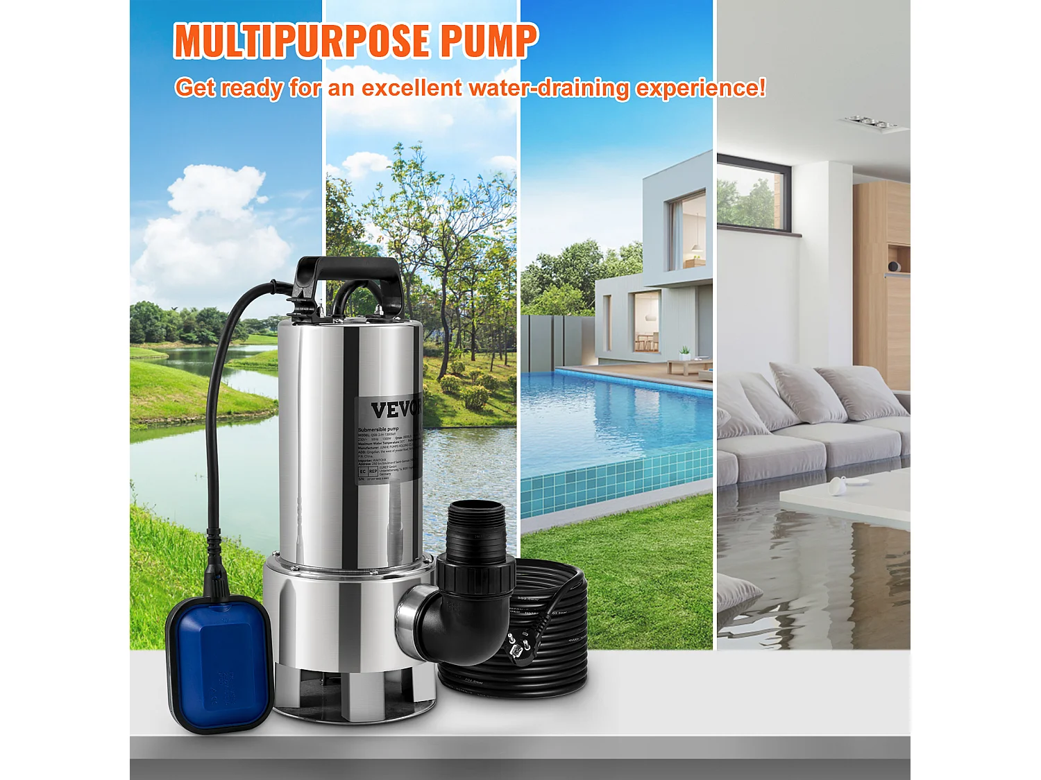 Pompe à Eau SucceBuy Submersible 1300W pour Eau Sale, Piscine, Étang de Jardin, Inondation