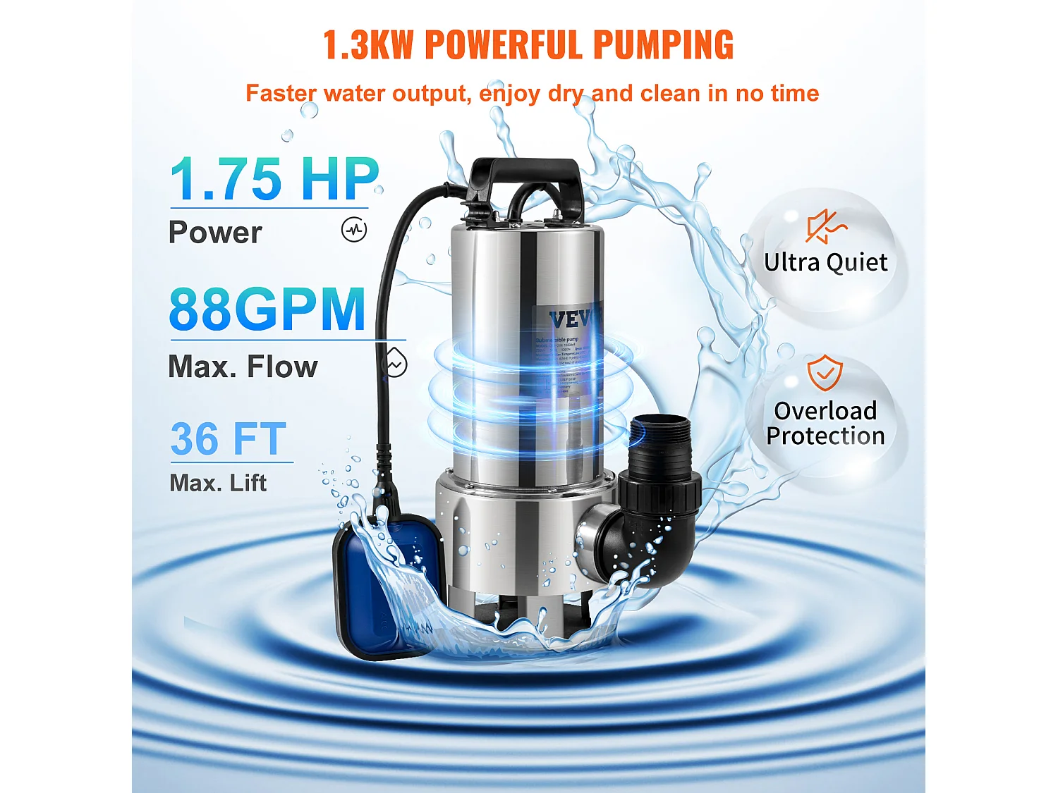 Pompe à Eau SucceBuy Submersible 1300W pour Eau Sale, Piscine, Étang de Jardin, Inondation