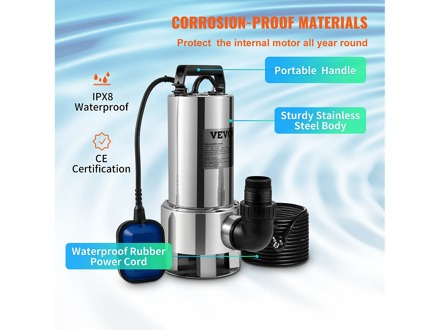 Pompe à Eau SucceBuy Submersible 1300W pour Eau Sale, Piscine, Étang de Jardin, Inondation