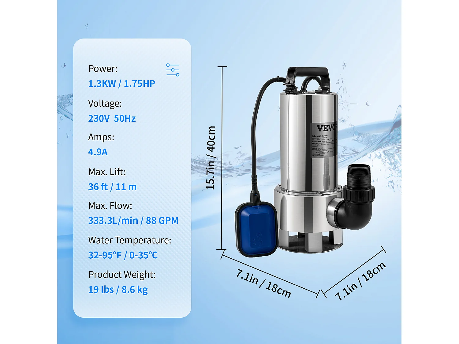 Pompe à Eau SucceBuy Submersible 1300W pour Eau Sale, Piscine, Étang de Jardin, Inondation