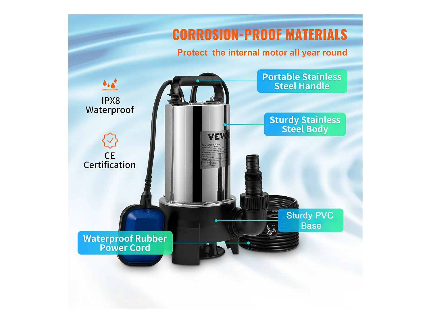 Pompe à Eau SucceBuy Sale Submersible 1100 W pour Inondations, Piscines, Jardin, Étang