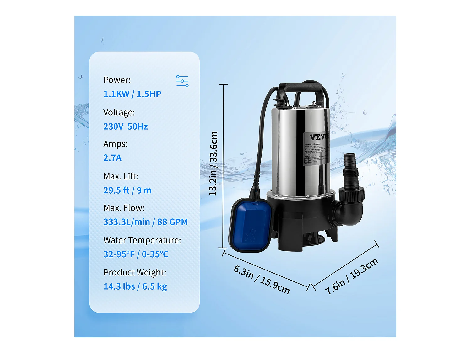 Pompe à Eau SucceBuy Sale Submersible 1100 W pour Inondations, Piscines, Jardin, Étang