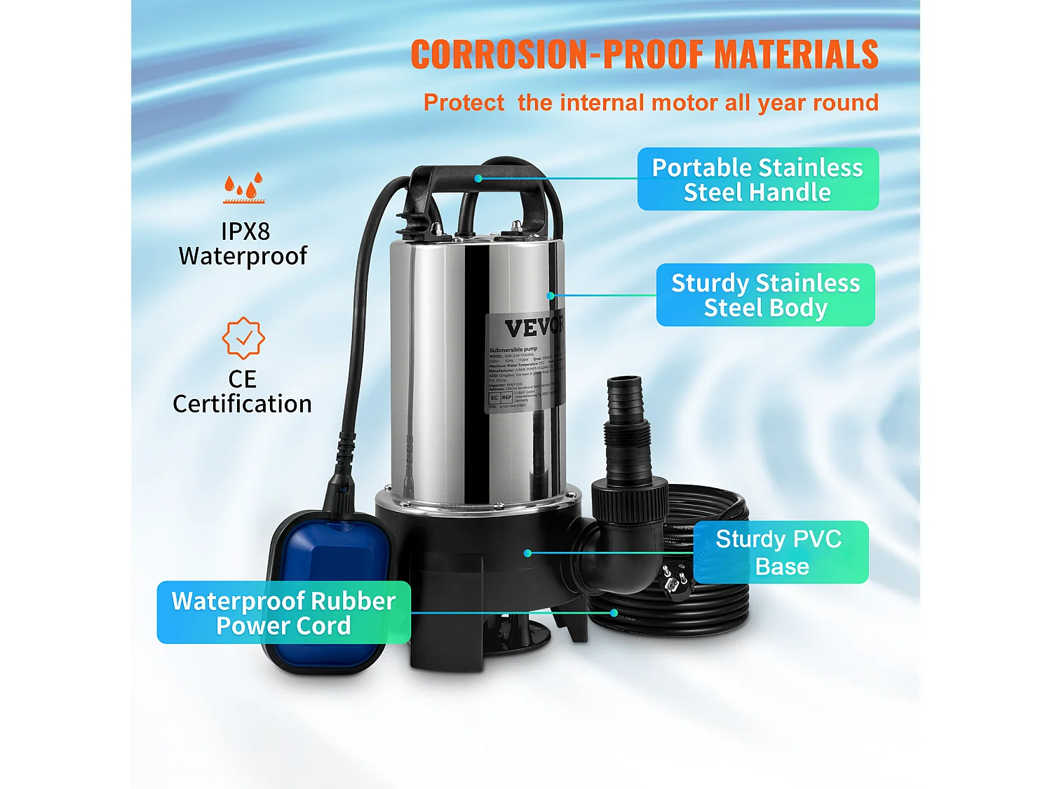 Pompe à Eau SucceBuy Sale Submersible 1100 W pour Inondations, Piscines, Jardin, Étang