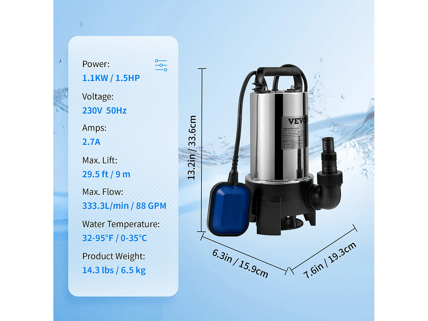 Pompe à Eau SucceBuy Sale Submersible 1100 W pour Inondations, Piscines, Jardin, Étang