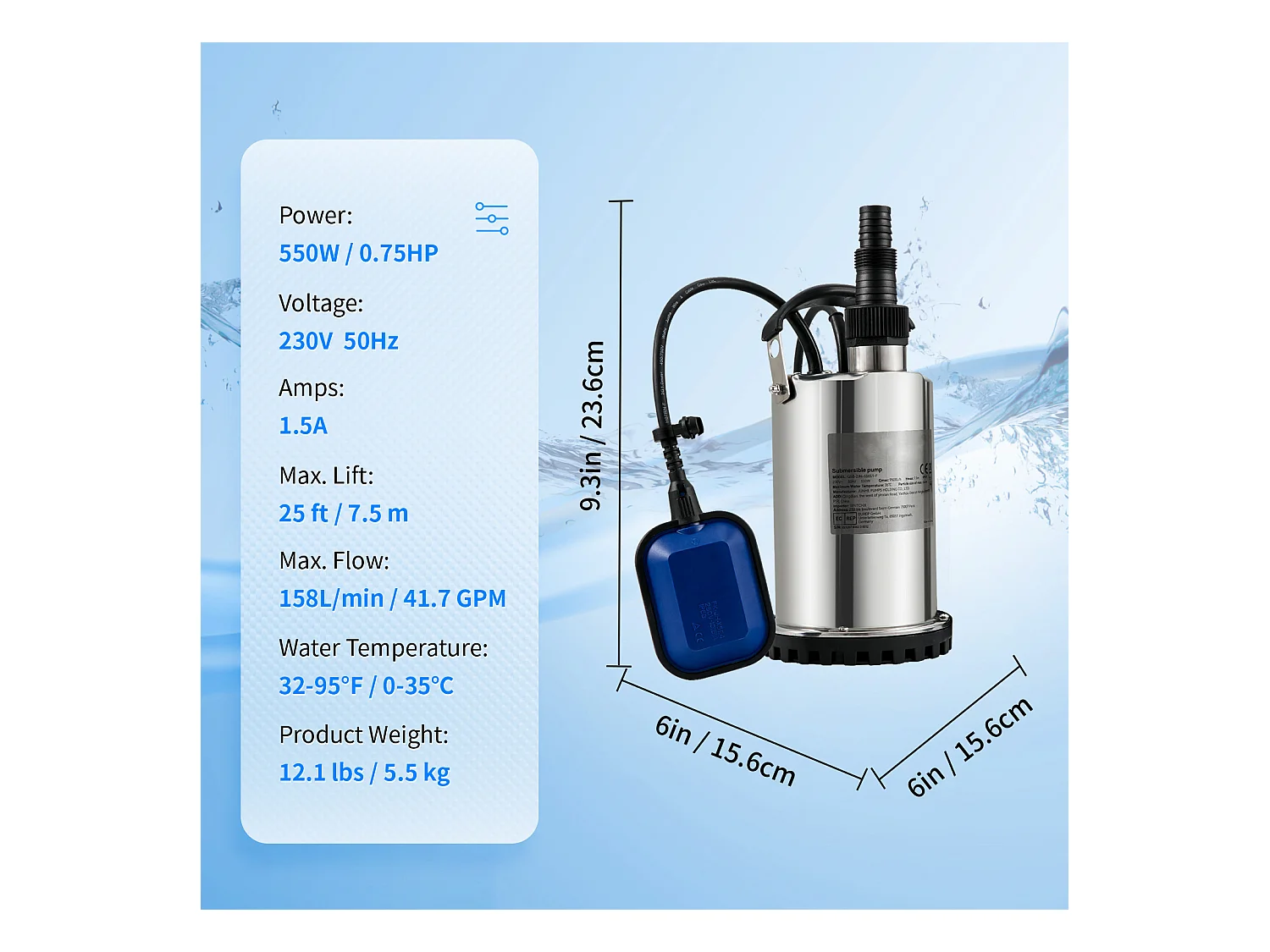 Pompe à Eau Submersible SucceBuy, 550 W, Eau Propre pour Inondations, Piscines, Jardins