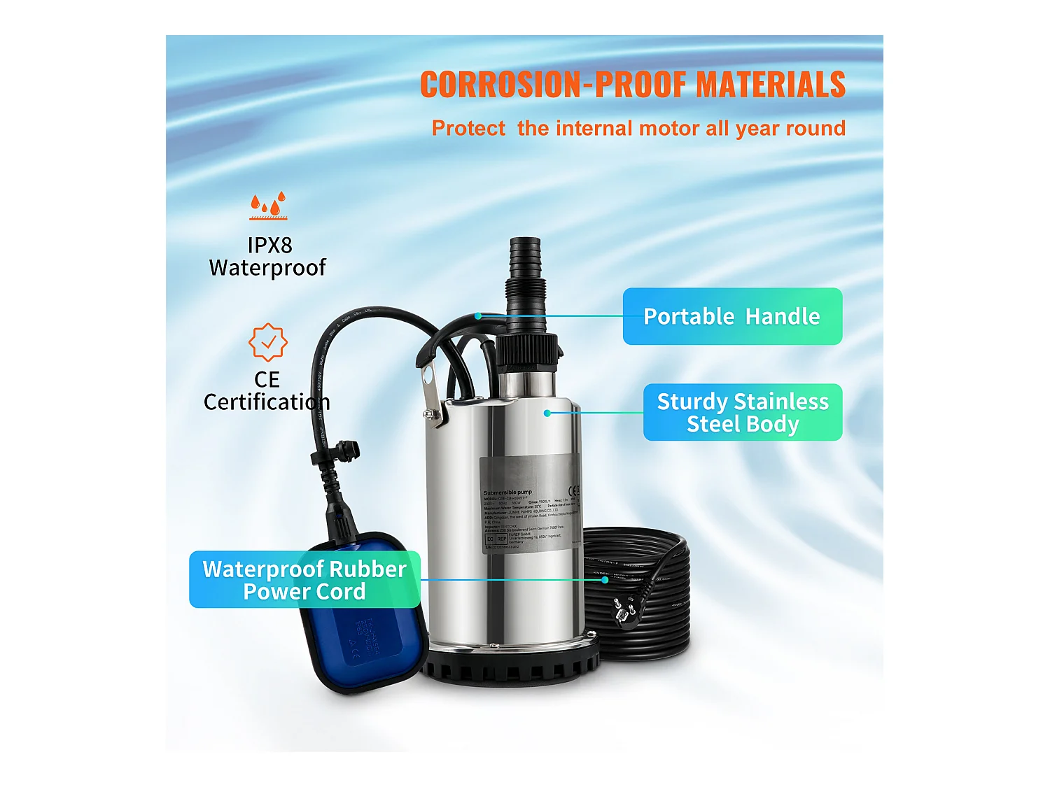 Pompe à Eau Submersible SucceBuy, 550 W, Eau Propre pour Inondations, Piscines, Jardins