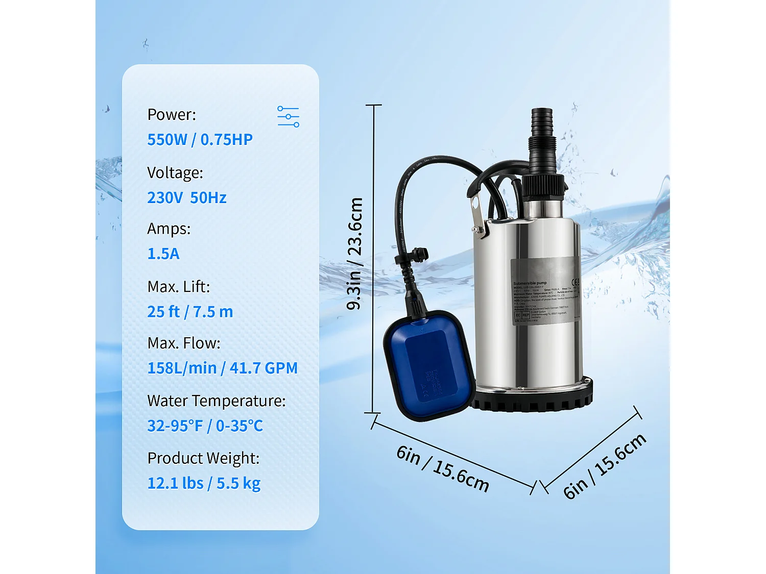 Pompe à Eau Submersible SucceBuy, 550 W, Eau Propre pour Inondations, Piscines, Jardins