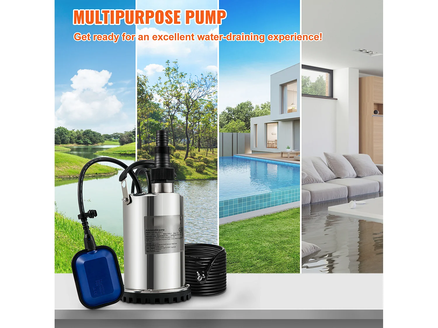 Pompe à Eau Submersible SucceBuy, 550 W, Eau Propre pour Inondations, Piscines, Jardins