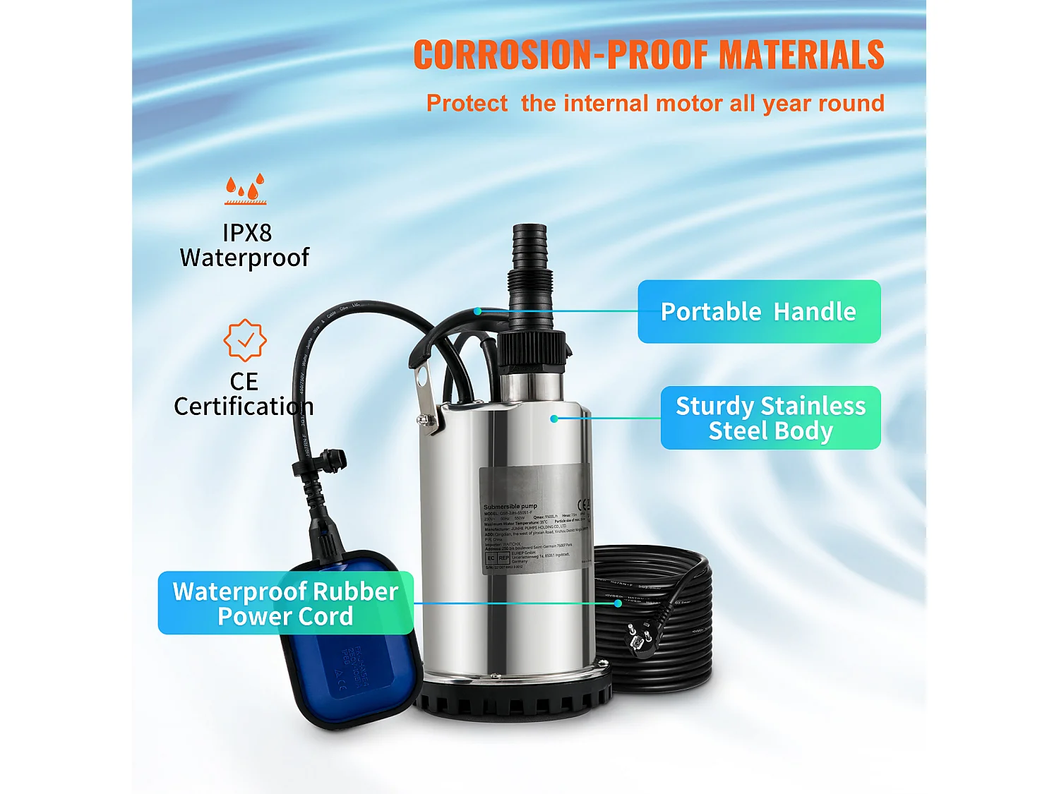 Pompe à Eau Submersible SucceBuy, 550 W, Eau Propre pour Inondations, Piscines, Jardins