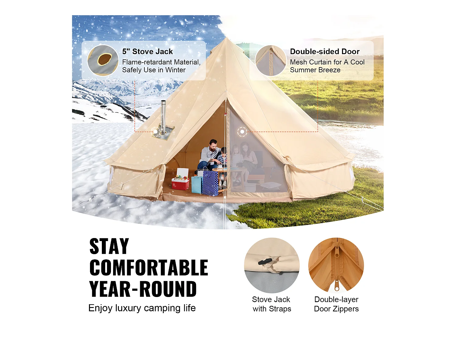 Tente Cloche en Toile SucceBuy 3 M/9,8 Pi, 4 Saisons avec Prise pour Poêle, Camping