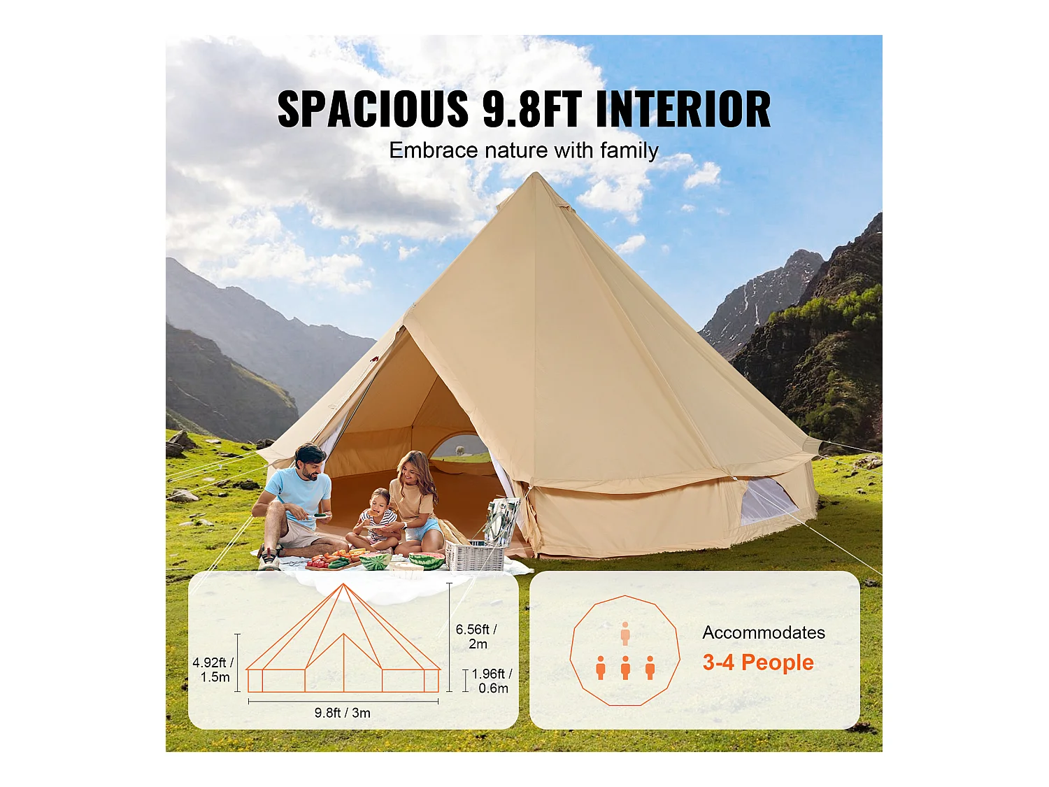 Tente Cloche en Toile SucceBuy 3 M/9,8 Pi, 4 Saisons avec Prise pour Poêle, Camping