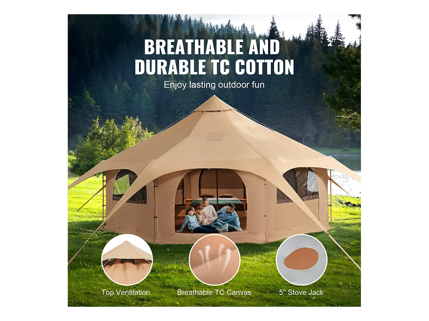 Tente Cloche en Toile SucceBuy 5 M/16,4 Pi, Tente/Tonnelle de Camping 4 Saisons avec Prise pour Poêle