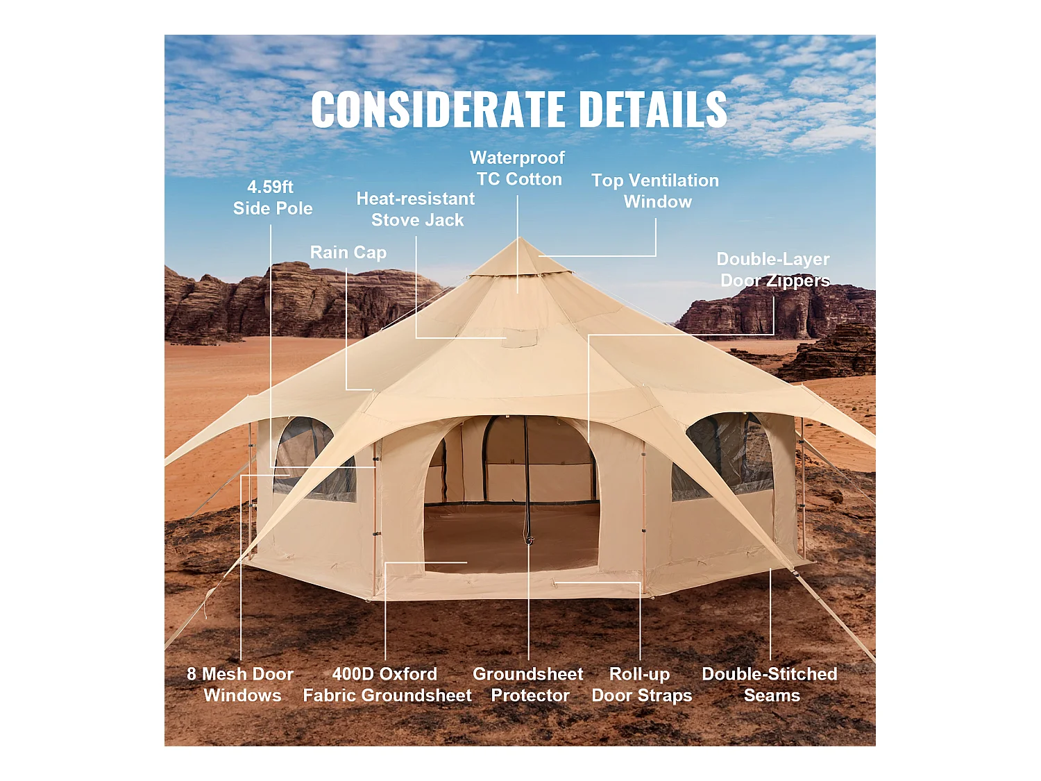 Tente Cloche en Toile SucceBuy 5 M/16,4 Pi, Tente/Tonnelle de Camping 4 Saisons avec Prise pour Poêle