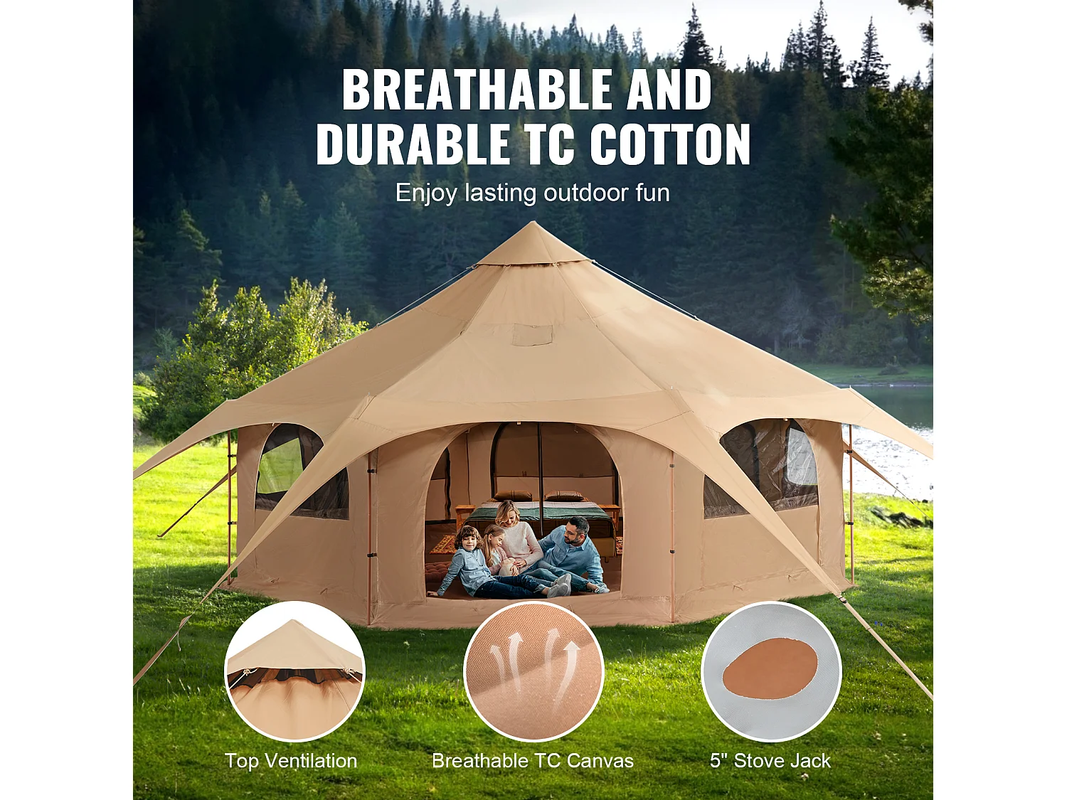 Tente Cloche en Toile SucceBuy 5 M/16,4 Pi, Tente/Tonnelle de Camping 4 Saisons avec Prise pour Poêle