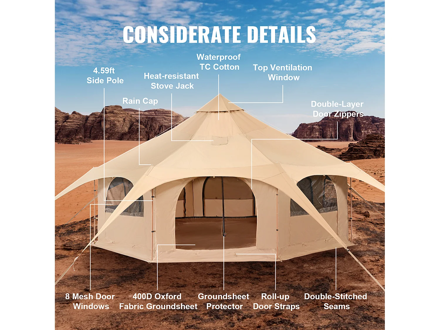 Tente Cloche en Toile SucceBuy 5 M/16,4 Pi, Tente/Tonnelle de Camping 4 Saisons avec Prise pour Poêle