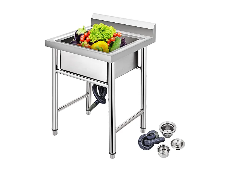 Évier en Acier Inoxydable à 1 Compartiment SucceBuy, 93x61x60cm, pour Faire la Plonge Cuisine de Restaurants, Salle de Bain, Garages