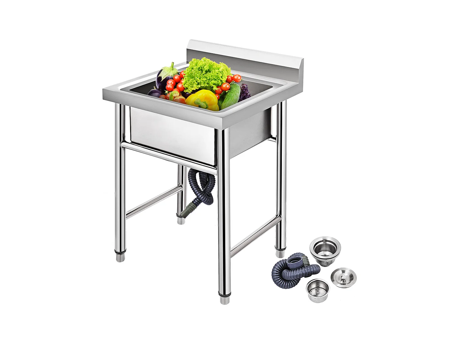 Évier en Acier Inoxydable à 1 Compartiment SucceBuy, 93x61x60cm, pour Faire la Plonge Cuisine de Restaurants, Salle de Bain, Garages