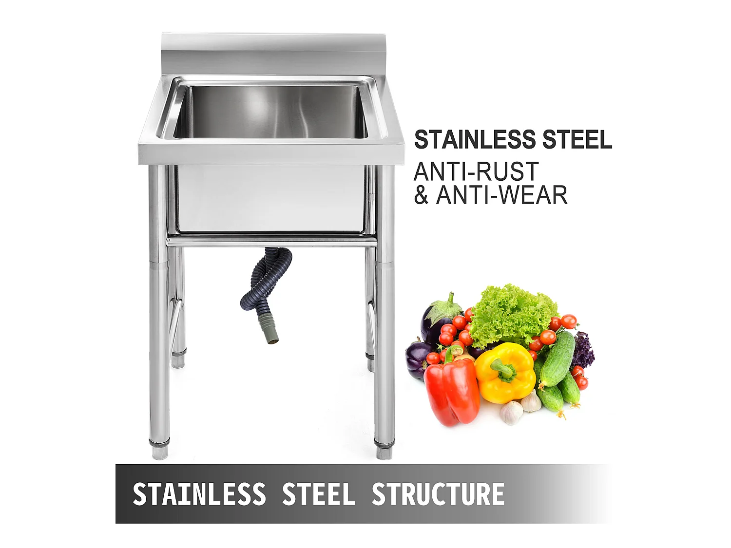 Évier en Acier Inoxydable à 1 Compartiment SucceBuy, 93x61x60cm, pour Faire la Plonge Cuisine de Restaurants, Salle de Bain, Garages