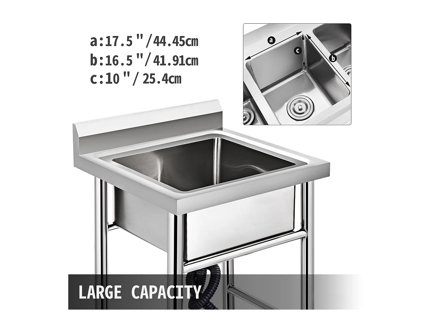 Évier en Acier Inoxydable à 1 Compartiment SucceBuy, 93x61x60cm, pour Faire la Plonge Cuisine de Restaurants, Salle de Bain, Garages