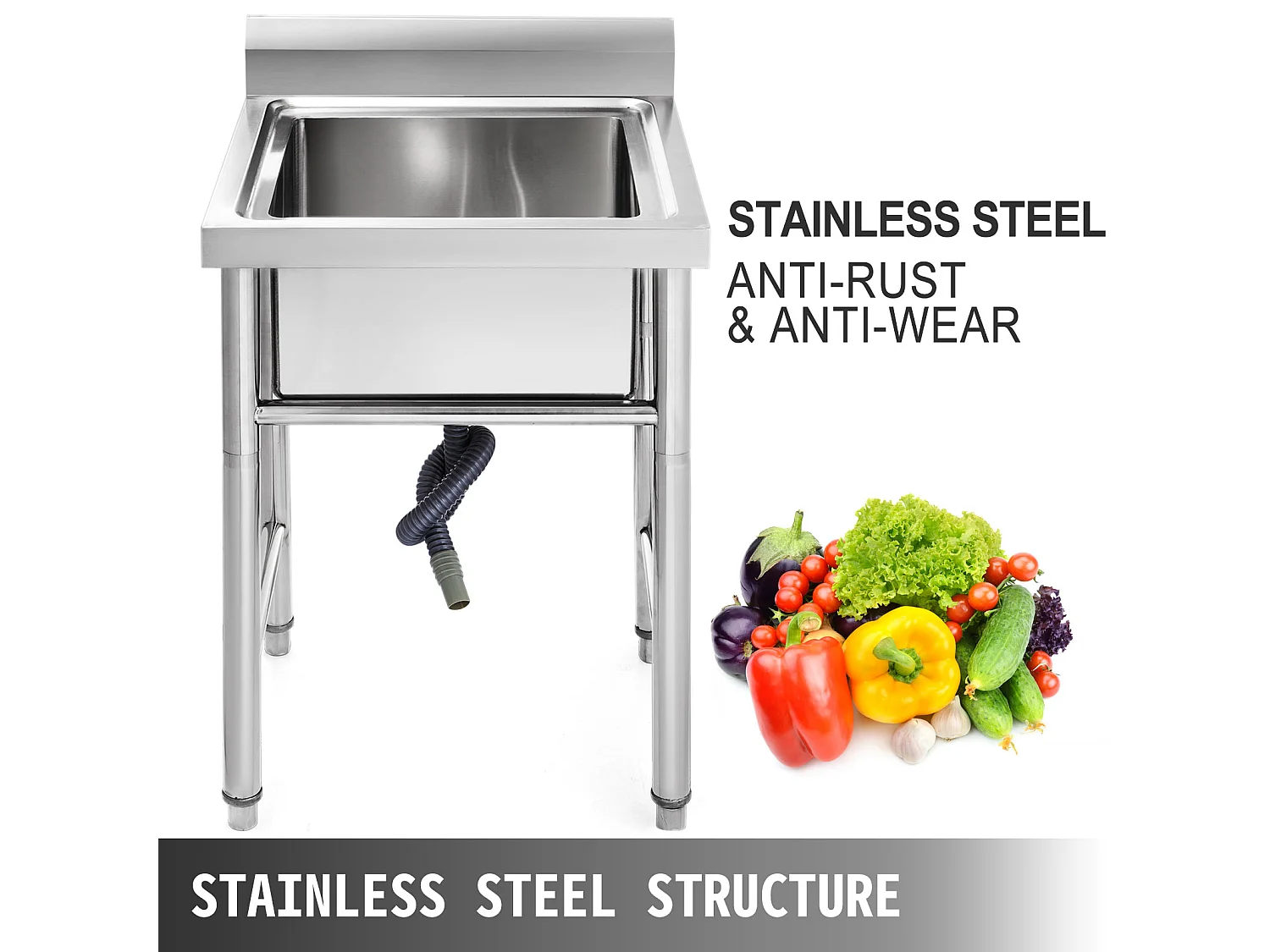 Évier en Acier Inoxydable à 1 Compartiment SucceBuy, 93x61x60cm, pour Faire la Plonge Cuisine de Restaurants, Salle de Bain, Garages