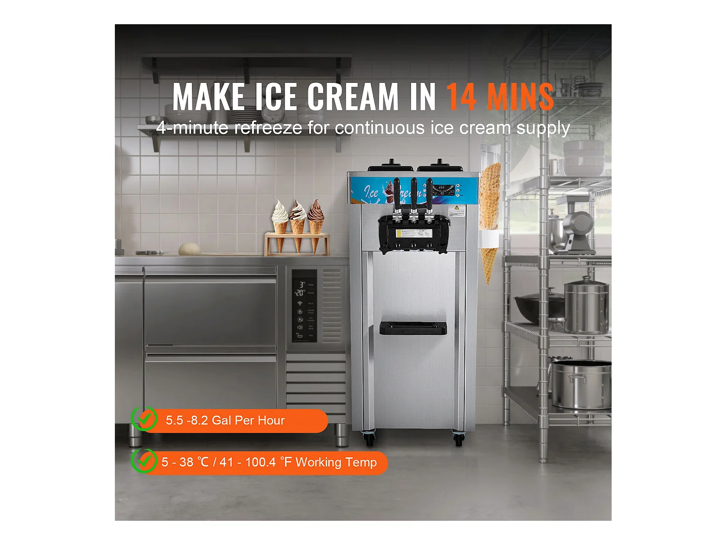 Machine à Crème Glacée Molle Commerciale SucceBuy, 21 - 31 L/H, 1500 W, 3 Saveurs, 2x5,5 L, pour Yaourt, Café et Snack-Bar