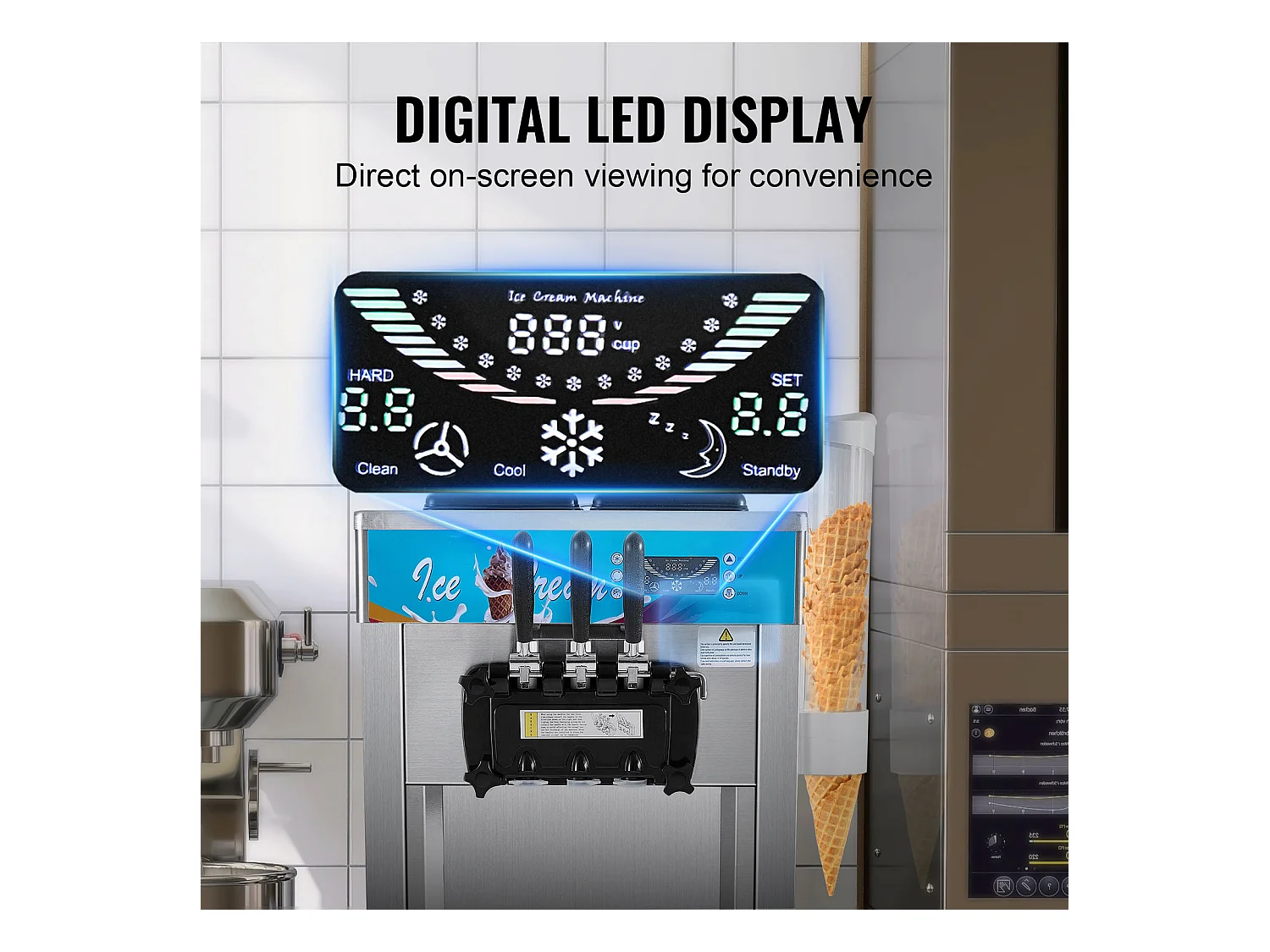 Machine à Crème Glacée Molle Commerciale SucceBuy, 21 - 31 L/H, 1500 W, 3 Saveurs, 2x5,5 L, pour Yaourt, Café et Snack-Bar