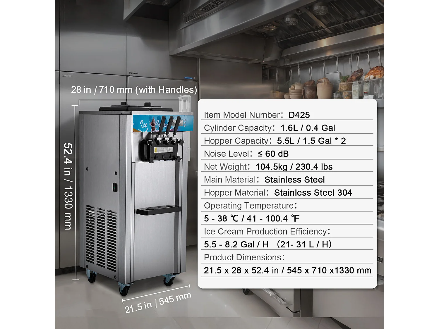 Machine à Crème Glacée Molle Commerciale SucceBuy, 21 - 31 L/H, 1500 W, 3 Saveurs, 2x5,5 L, pour Yaourt, Café et Snack-Bar