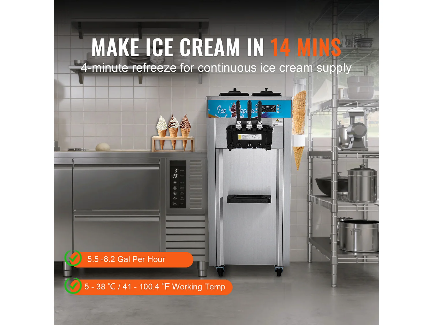 Machine à Crème Glacée Molle Commerciale SucceBuy, 21 - 31 L/H, 1500 W, 3 Saveurs, 2x5,5 L, pour Yaourt, Café et Snack-Bar