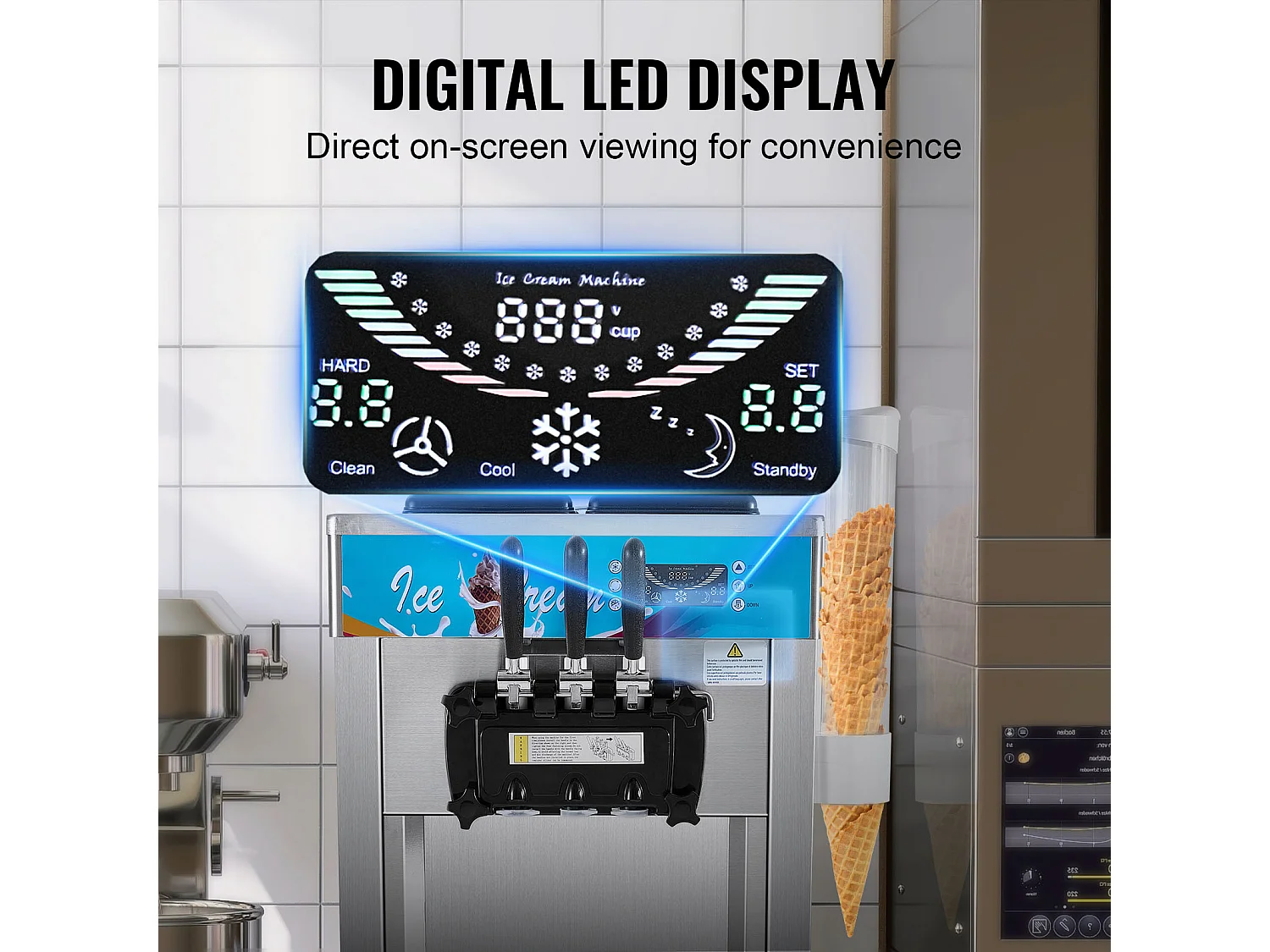 Machine à Crème Glacée Molle Commerciale SucceBuy, 21 - 31 L/H, 1500 W, 3 Saveurs, 2x5,5 L, pour Yaourt, Café et Snack-Bar