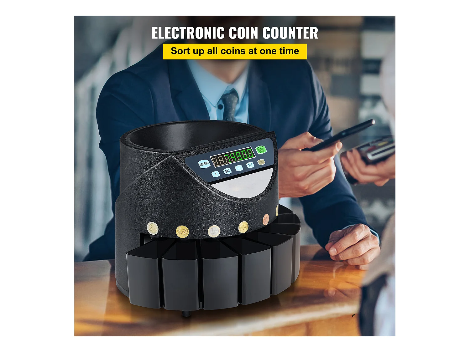 Clasificadora Automática SucceBuy de Monedas de Euros, 220 V / 50 Hz, Clasificador de Monedas Aproximadamente 300 Monedas / Min, con 8 Cajas de Recogida