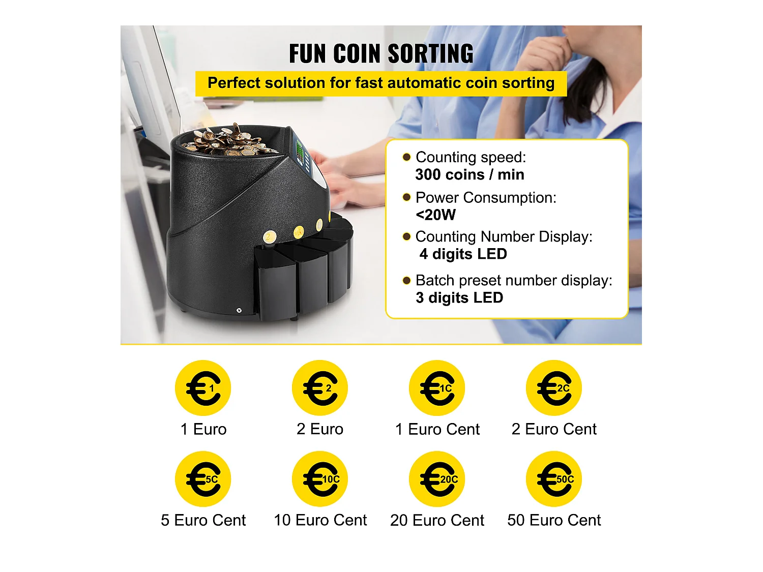 Clasificadora Automática SucceBuy de Monedas de Euros, 220 V / 50 Hz, Clasificador de Monedas Aproximadamente 300 Monedas / Min, con 8 Cajas de Recogida