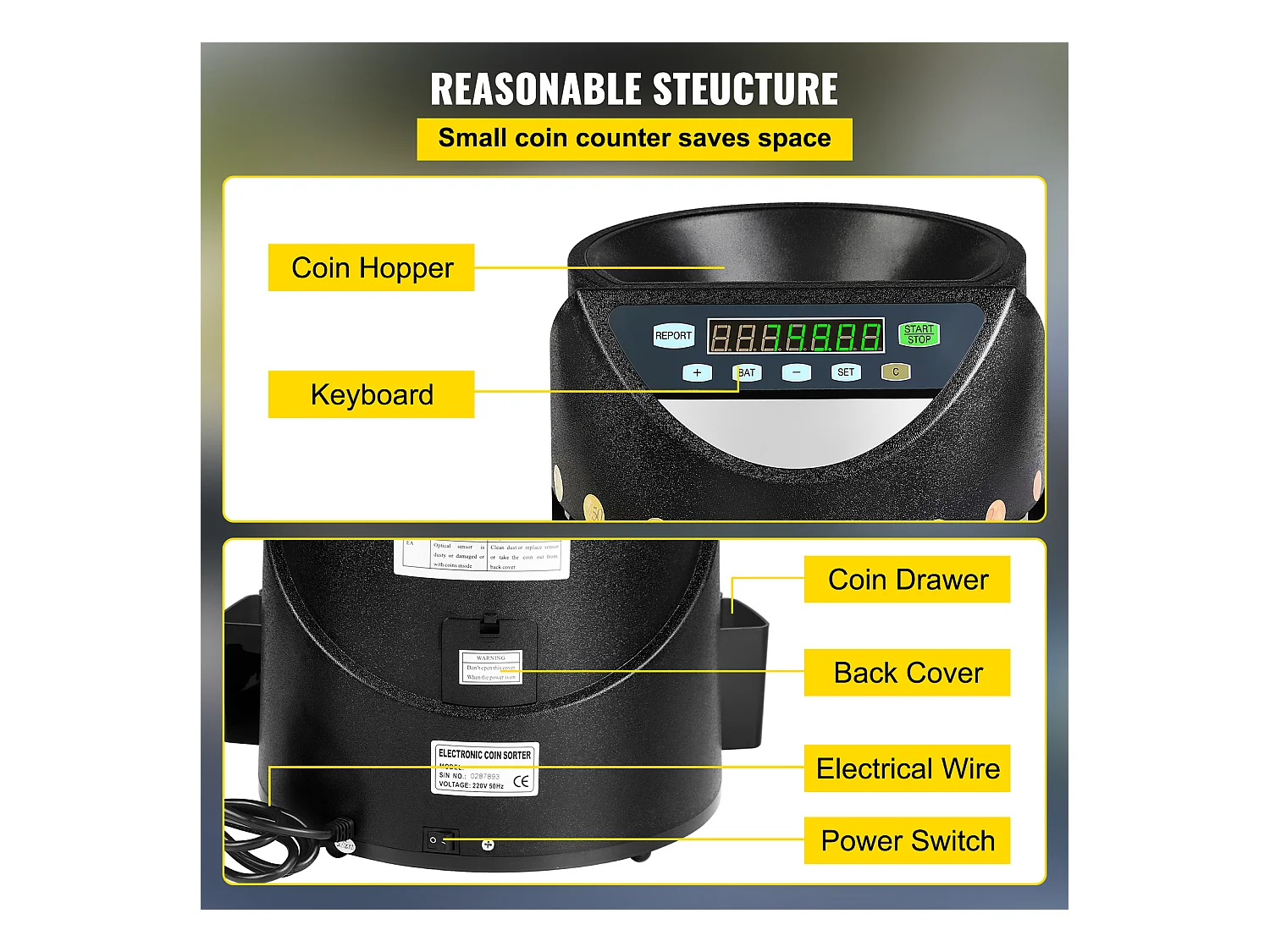 Clasificadora Automática SucceBuy de Monedas de Euros, 220 V / 50 Hz, Clasificador de Monedas Aproximadamente 300 Monedas / Min, con 8 Cajas de Recogida