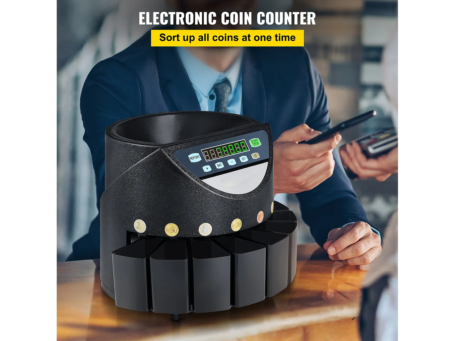 Trieuse Automatique SucceBuy de Pièces d'Euros, 220 V / 50 Hz, Trieur de Pièces Environ 300 Pièces / Min, avec 8 Boîtes de Collecte