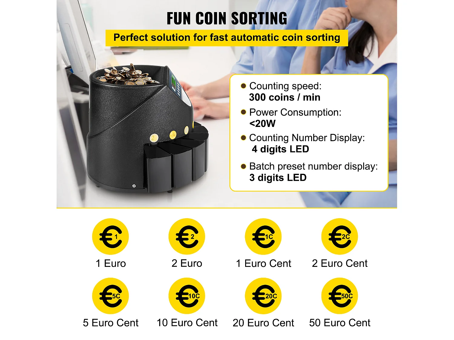 Trieuse Automatique SucceBuy de Pièces d'Euros, 220 V / 50 Hz, Trieur de Pièces Environ 300 Pièces / Min, avec 8 Boîtes de Collecte