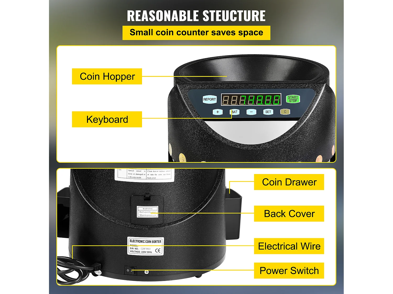 Trieuse Automatique SucceBuy de Pièces d'Euros, 220 V / 50 Hz, Trieur de Pièces Environ 300 Pièces / Min, avec 8 Boîtes de Collecte