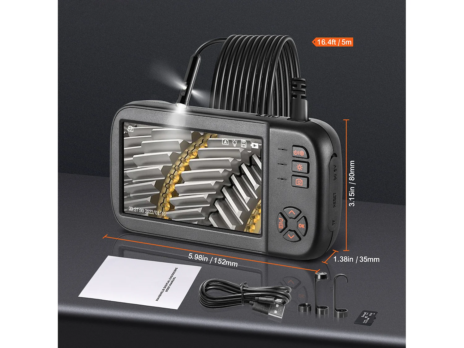 Endoskopkamera SucceBuy, 4,5 Zoll IPS-Dreifachobjektiv-Endoskop-Inspektionskamera